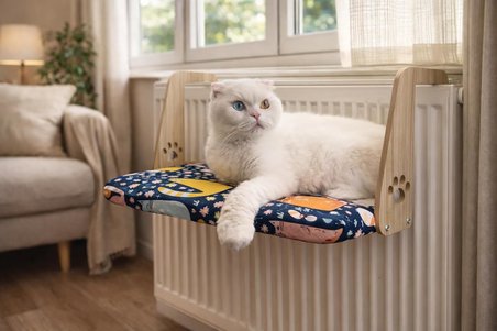 Gobypet Kalorifer Petek Radyatör Yatağı, Askılı Kedi Yatağı, Ahşap Taşıyıcılı Kedi Hamağı, Yumuşak Minderli Konforlu Kedi Desenli Tasarım