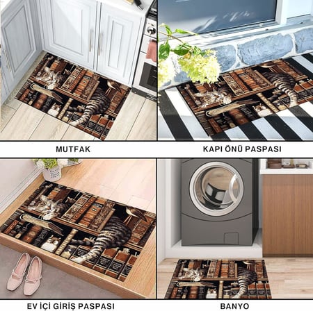 Tasarımlı Dekoratif Kapı önü Paspas, Dış Mekan/Ev İçi/Banyo/Mutfak/Yatak Odası/Giriş Paspasları (Uykucu Kedi, 45X70)