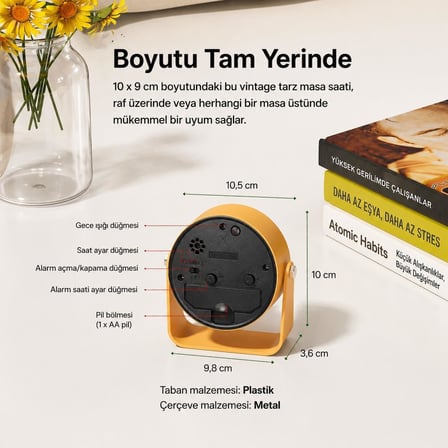 Sessiz Çalışan Mini Masa Saati | Akıcı Mekanizma, Gece Işıklı, Şık Dekoratif Sarı