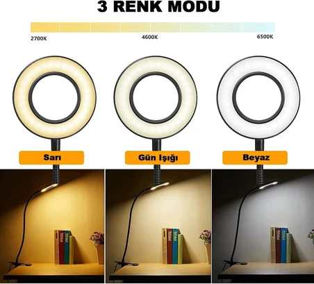 Çok Fonksiyonlu LED Akrobat Masa Lambası, Klipsli Göz Koruyuculu, Ayarlanabilir Açılı, Kitap Okuma lambası, Ring Light, 3 FarklıYanma Modu (Sarı, Beyaz, Gün Işığı)