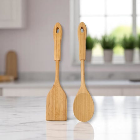 Bambu 2'li Servis Seti, Tavalarınız ve Kızarmanız İçin Spatula, Servisleriniz İçin Büyük Kaşık | 2 Adet Lüks Bambu Set
