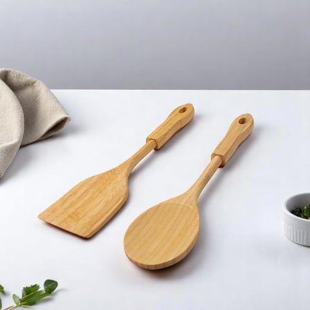Bambu 2'li Servis Seti, Tavalarınız ve Kızarmanız İçin Spatula, Servisleriniz İçin Büyük Kaşık | 2 Adet Lüks Bambu Set