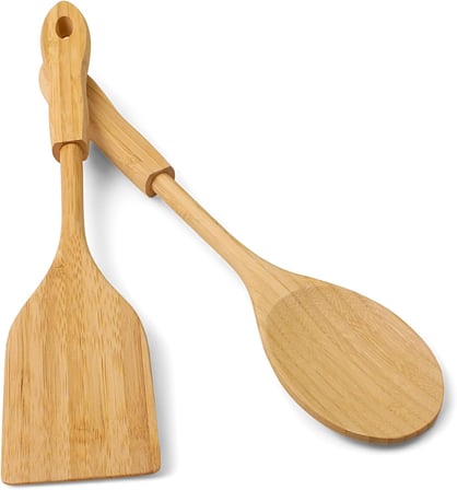 Bambu 2'li Servis Seti, Tavalarınız ve Kızarmanız İçin Spatula, Servisleriniz İçin Büyük Kaşık | 2 Adet Lüks Bambu Set