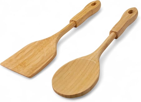 Bambu 2'li Servis Seti, Tavalarınız ve Kızarmanız İçin Spatula, Servisleriniz İçin Büyük Kaşık | 2 Adet Lüks Bambu Set