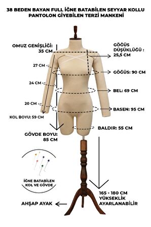 38 Beden Üst ve Alt Grup Pantolon Giyebilen Kollu İğne Batabilen Prova Mankeni Terzi Mankeni