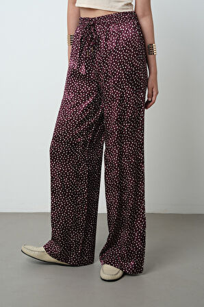 Kadın Bordo Renk Desenli Bol Paça Beli Lastikli Pantolon