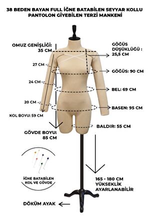 38 Beden Üst ve Alt Grup Pantolon Giyebilen Kollu İğne Batabilen Prova Mankeni Terzi Mankeni