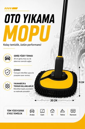 Teleskopik Saplı Mikrofiber Oto Yıkama Mopu Çizmez Araba Temizleme Fırçası Mikrofiber Bezli