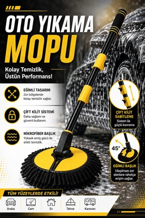 Teleskopik Saplı Mikrofiber Oto Yıkama Mopu Çizmez Araba Temizleme Fırçası Mikrofiber Bezli
