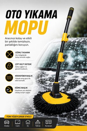 Teleskopik Saplı Mikrofiber Oto Yıkama Mopu Çizmez Araba Temizleme Fırçası Mikrofiber Bezli