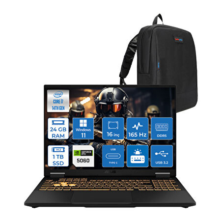 Asus Tuf Gaming F16 FX608JMR 14. Nesil Intel I7-14650HX 24GB Ddr5 1tb SSD 8GB/RTX5060 115W 165Hz 16"wuxga Fhd+ 300NITS IPS WIN11HOME Gaming Bilg. WRV077H03+ZETTAÇANTA