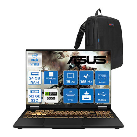 Asus Tuf Gaming F16 FX608JHR 14. Nesil Intel I7-14650HX 24GB Ddr5 512GB SSD 8GB/RTX5050 115W 165Hz 16"wuxga Fhd+ 300NITS IPS WIN11HOME Gaming Bilg. WRV055H02+ZETTAÇANTA