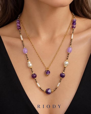 RiODY Rêve Lilas Mor Lila Doğal Taşlı Beyaz Detaylı Altın Renk Zincirli İki Katlı Kadın Kolye