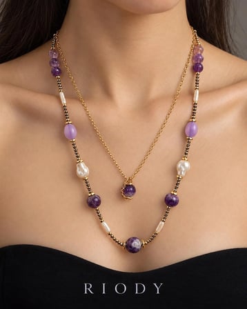 RiODY Rêve Lilas Mor Lila Doğal Taşlı Beyaz Detaylı Altın Renk Zincirli İki Katlı Kadın Kolye