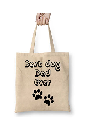Best Dog Dad Ever Beyaz Bez Çanta Uzun Saplı Alışveriş Çantası Plaj Çantası