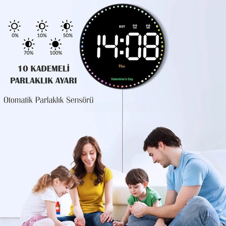 LED Dijital Duvar Saati 10 İnç Kumandalı RGB Çift Alarmlı Dekoratif Masa ve Duvar Saati