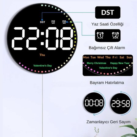 LED Dijital Duvar Saati 10 İnç Kumandalı RGB Çift Alarmlı Dekoratif Masa ve Duvar Saati