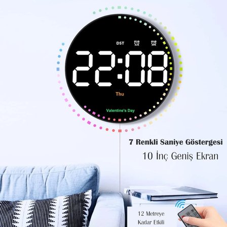 LED Dijital Duvar Saati 10 İnç Kumandalı RGB Çift Alarmlı Dekoratif Masa ve Duvar Saati