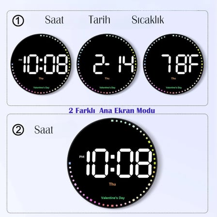 LED Dijital Duvar Saati 10 İnç Kumandalı RGB Çift Alarmlı Dekoratif Masa ve Duvar Saati