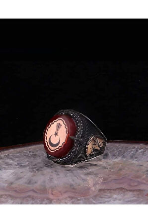 Erkek Gümüş Yüzük - Ay Yıldız  Kehribar Taşlı 925 Ayar Gümüş Erkek Yüzük