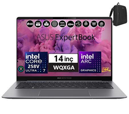 Asus Expertbook P5405CSA-WI7321TBS0D Intel Ultra 7 258V Aı 32GB 1tb SSD Arc 140V Freedos 14" Wqxga 400NIT IPS Taşınabilir Bilgisayar WI7321TBS0D03+ZETTAÇANTA