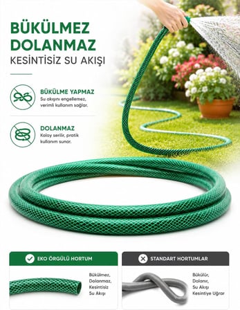Beylini 1/2" 25 Metre Örgülü Bahçe Hortumu Balkon Bahçe Sulama Temizlik Araç Yıkama Su Hortumu Dolanmaz Kırılmaz Yeşil (Yeşil, 1/2" 25 MT)