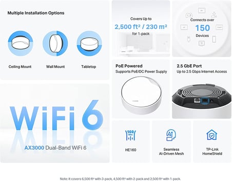 Deco X50-PoE 1-pack, AX3000 Mbps, PoE Destekli, Dual-Band, 2,5Gbps Ethernet Portu, 150 Cihaza Kadar Bağlantı, 230 m² 'ye Kadar Kapsama, Mobil Uygulama ile Kolay Kurulum, Wi-Fi 6 Mesh Sistemi