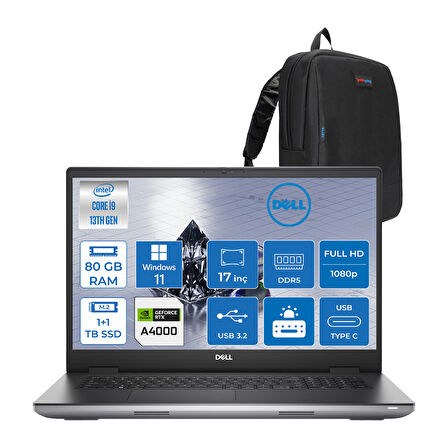 Dell Precision M7780 Intel I9-13950HX 80GB Ddr5 1tb+1tb SSD 12GB/RTX4000 17.3" Fhd 500NITS Windows 11 Pro Taşınabilir Worrkstation XCTOP7780EMEA400028+ZETTAÇANTA