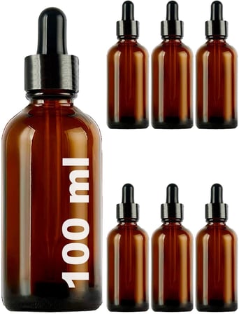 100 ml Metal Kapaklı Damlalık Dropper Şişesi Serum 100 cc Cam Şişe 6 Adet (Siyah Kapak, Amber/Kahverengi)