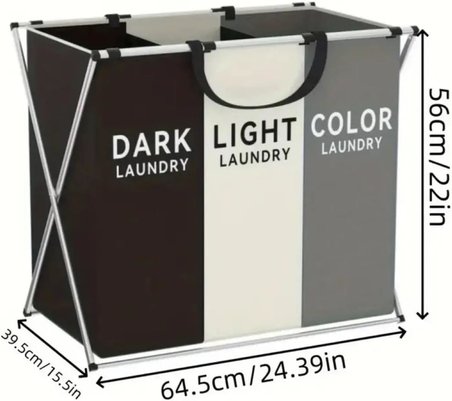 3 Bölmeli Katlanabilir Çamaşır Sepeti – Siyah, Beyaz ve Gri Renklerde, Dayanıklı ve Şık Tasarım, Makinede Yıkanabilir Kumaşlı, Alüminyum Gövdeli, 64x42x58 cm Boyutlarında