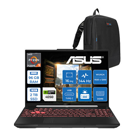 Asus Tuf A16 FA607NU Amd Ryzen™ 5 7535HS 96GB Ddr5 2tb SSD 6GB/RTX4050 140W 16" FHD+(1920 x 1200, Wuxga) 144Hz Freedos Laptop WRL095F27+ZETTAÇANTA