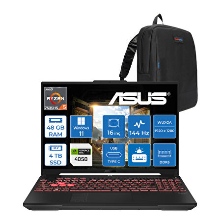 Asus Tuf A16 FA607NU Amd Ryzen™ 5 7535HS 48GB Ddr5 4tb SSD 6GB/RTX4050 140W 16" FHD+(1920 x 1200, Wuxga) 144Hz Windows 11 Pro Laptop WRL095P16+ZETTAÇANTA