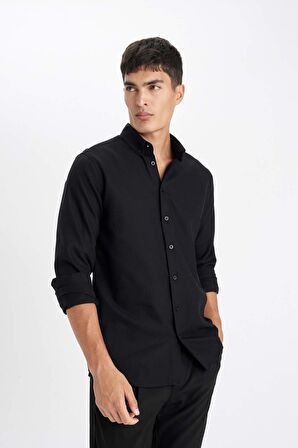 DeFacto Modern Fit Polo Yaka Petek Dokulu Basic Düz Uzun Kollu Siyah Gömlek B7383AX24SPBK27