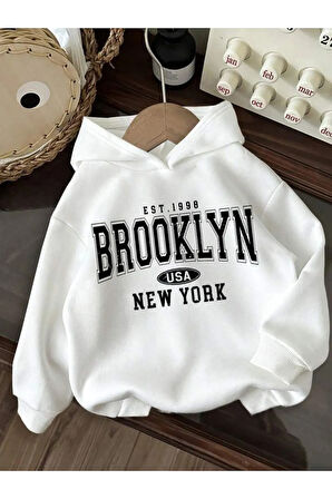 BEYAZ RENK NY  Baskılı Kız/Erkek Çocuk Kapüşonlu Sweatshirt (YENİ ÜRÜN)