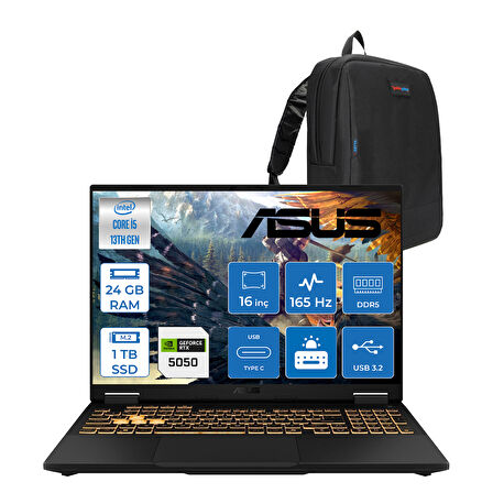 Asus Tuf Gaming F16 FX608JH 13.nesil Intel İ5-13450HX 24GB Ddr5 1tb SSD 8GB/RTX5050 115W 165Hz 16"wuxga Fhd+ 300NITS IPS Freedos Gaming Bilg. WRV082F03+ZETTAÇANTA