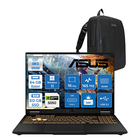 Asus Tuf Gaming F16 FX608JH 13.nesil Intel İ5-13450HX 64GB Ddr5 512GB SSD 8GB/RTX5050 115W 165Hz 16"wuxga Fhd+ 300NITS IPS WIN11PRO Gaming Bilg. WRV082P17+ZETTAÇANTA