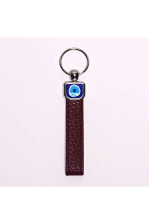 Koyu Kahverengi Deri Nazar Boncuklu Çelik Anahtarlık