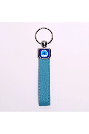 Açık Mavi Deri Nazar Boncuklu Anahtarlık