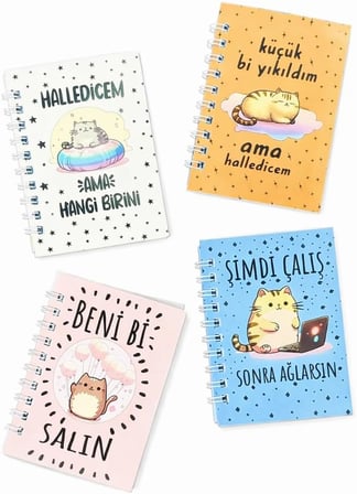 Mini 4'lü Kedili Spiralli Defter