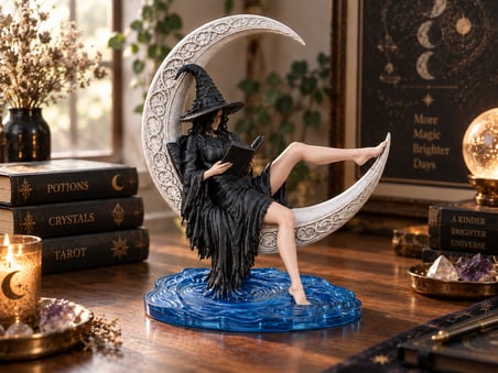 Gotik Cadı Figürü 15 cm – Hilal Ay Üzerinde Kitap Okuyan Dekoratif Biblo