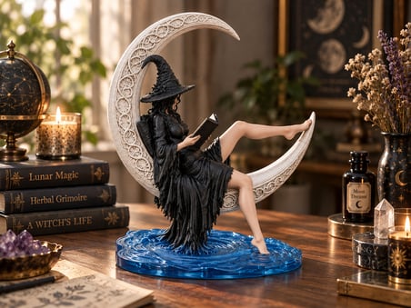 Gotik Cadı Figürü 15 cm – Hilal Ay Üzerinde Kitap Okuyan Dekoratif Biblo