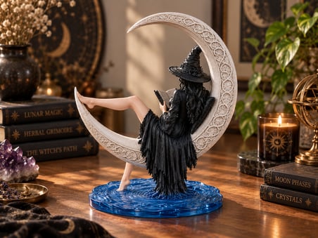Gotik Cadı Figürü 15 cm – Hilal Ay Üzerinde Kitap Okuyan Dekoratif Biblo
