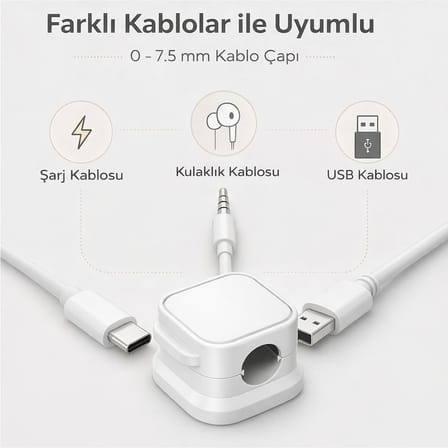 Manyetik 6'lı Kablo Tutucu Düzenleyici Organizer Klips Beyaz