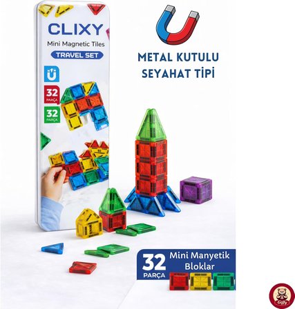 Manyetik Yapı Blokları - 32 Parça Seyahat Tipi Mini Bloklar Metal Saklama Kutulu Çanta Boy Renkli