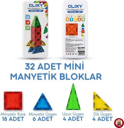 Manyetik Yapı Blokları - 32 Parça Seyahat Tipi Mini Bloklar Metal Saklama Kutulu Çanta Boy Renkli