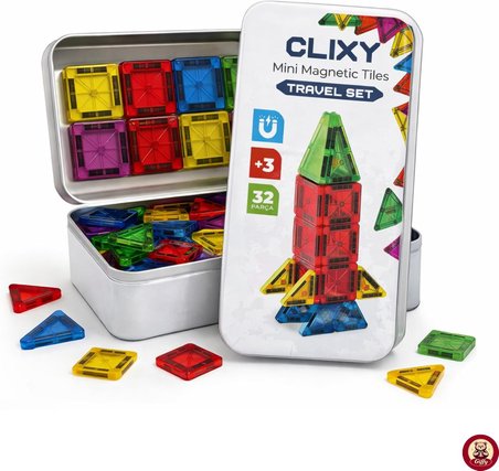Manyetik Yapı Blokları - 32 Parça Seyahat Tipi Mini Bloklar Metal Saklama Kutulu Çanta Boy Renkli