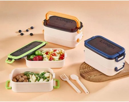 Taşınabilir Yemek Kabı 2 Katlı Lunch Box Diyet Beslenme Kutusu Saklama Kabı Çatal Kaşıklı Sefer Tası (sarı)
