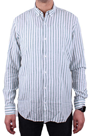 Twister 1905 Yeşil Çizgili Uzun Kol Günlük Pamuk Karışımlı Keten Erkek Gömlek