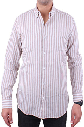 Twister 1905 Kahve Çizgili Uzun Kol Günlük Pamuk Karışımlı Keten Erkek Gömlek