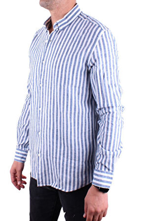 Twister 1905 Lacivert Çizgili Uzun Kol Günlük Pamuk Karışımlı Keten Erkek Gömlek